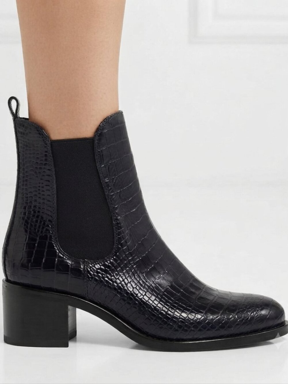 NWOT ATELIERS BLACK BRONX CROCO SNAKESKIN LEATHER CHELSEA BOOTIES - 7